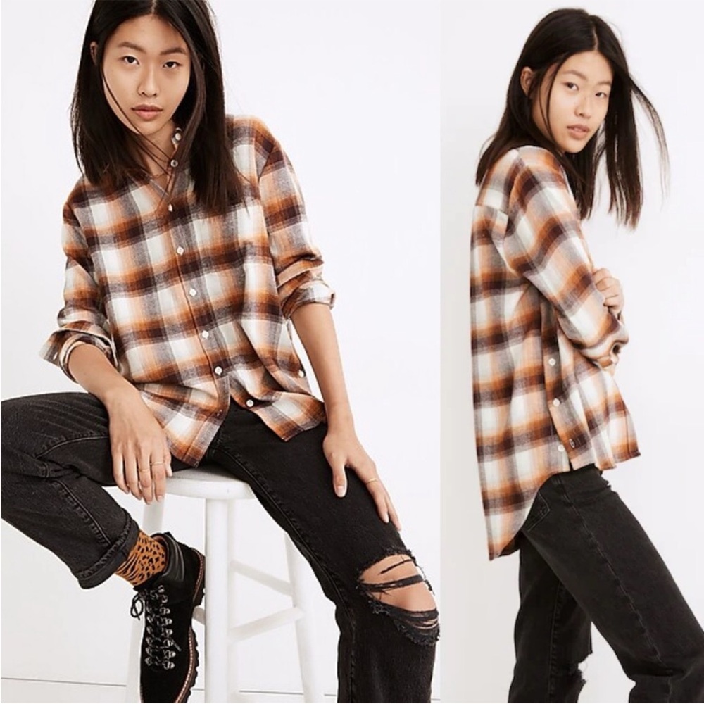 Madewell Brown Flannel Side-Button Ex-Boyfriend Shirt Bickett Plaid Long Sleeve